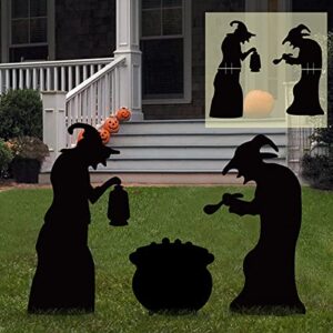 ivenf witch halloween decorations outdoor, 2 large black witches with cauldron, scary silhouette yard signs with stakes, corrugated plastic, waterproof lawn decorations for kids family home party