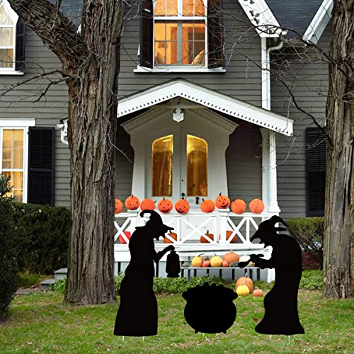 Ivenf Witch Halloween Decorations Outdoor, 2 Large Black Witches with Cauldron, Scary Silhouette Yard Signs with Stakes, Corrugated Plastic, Waterproof Lawn Decorations for Kids Family Home Party