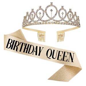 tobaat birthday sash and tiara for women, gold crystal crown with combs birthday sash for women holiday decorations