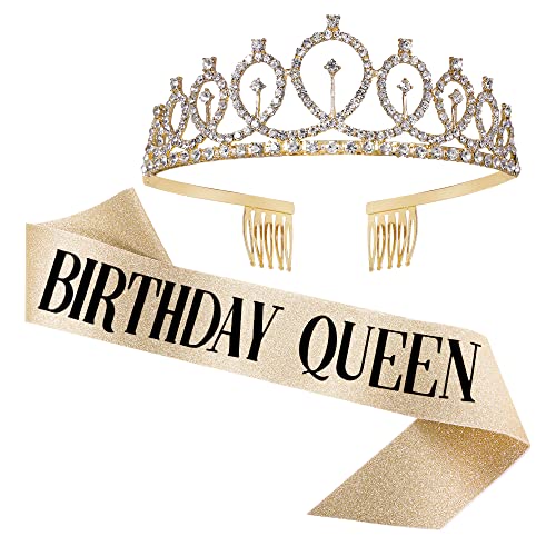 TOBAAT Birthday Sash and Tiara for Women, Gold Crystal Crown with Combs Birthday Sash for Women Holiday Decorations