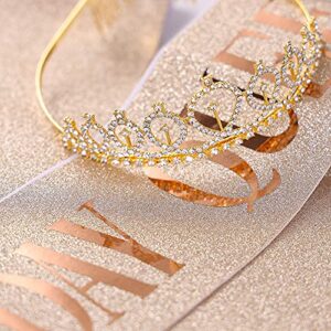 TOBAAT Birthday Sash and Tiara for Women, Gold Crystal Crown with Combs Birthday Sash for Women Holiday Decorations