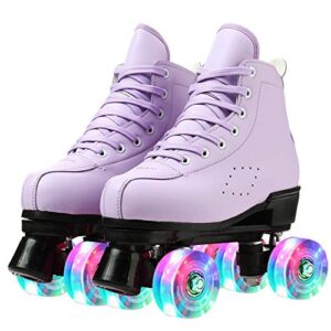 roller skates for women pu leather high-top roller skates four-wheel roller skates girl indoor outdoor skating shoes (purple with flash wheel,6 m us=37)