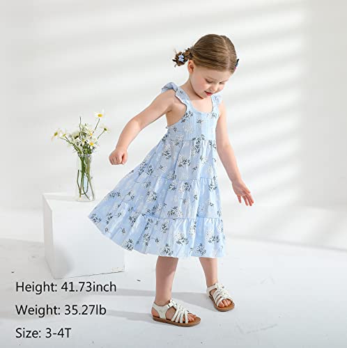 YOUNGER TREE Toddler Girls Outfits Floral Flutter Sleeve Princess Dress Summer Clothes Line Skirts for Girls(3-4T,Blue Floral)