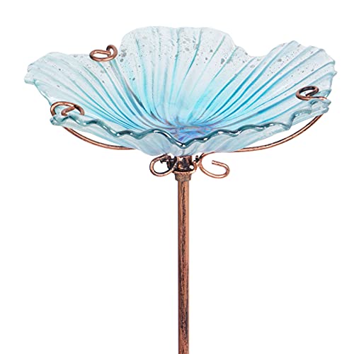 MUMTOP Glass Bird Bath - Bird Baths for Outdoors, Bird Bath Bowl Outdoor Bird Feeder with Metal Stake Transparent Flower Blue Color for Garden Lawn Yard Decor