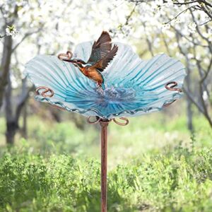 MUMTOP Glass Bird Bath - Bird Baths for Outdoors, Bird Bath Bowl Outdoor Bird Feeder with Metal Stake Transparent Flower Blue Color for Garden Lawn Yard Decor