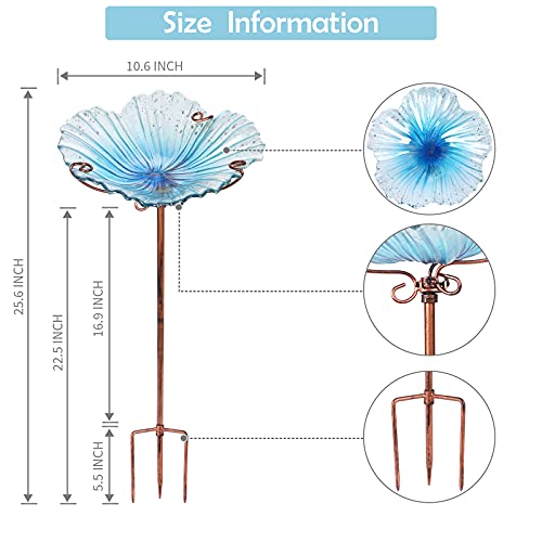 MUMTOP Glass Bird Bath - Bird Baths for Outdoors, Bird Bath Bowl Outdoor Bird Feeder with Metal Stake Transparent Flower Blue Color for Garden Lawn Yard Decor