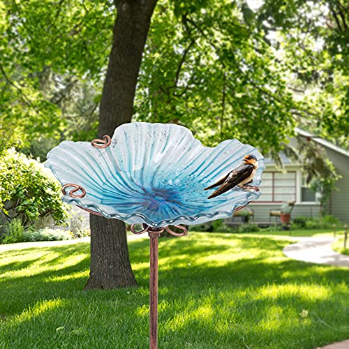 MUMTOP Glass Bird Bath - Bird Baths for Outdoors, Bird Bath Bowl Outdoor Bird Feeder with Metal Stake Transparent Flower Blue Color for Garden Lawn Yard Decor