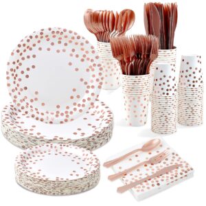 white and rose gold party supplies - 350 pcs disposable dinnerware set - white paper plates napkins cups, gold plastic forks knives spoon for graduation, birthday, cocktail party