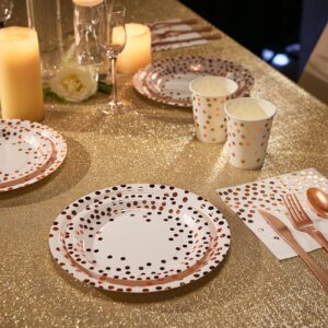 White and Rose Gold Party Supplies - 350 PCS Disposable Dinnerware Set - White Paper Plates Napkins Cups, Gold Plastic Forks Knives Spoon for Graduation, Birthday, Cocktail Party