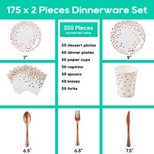 White and Rose Gold Party Supplies - 350 PCS Disposable Dinnerware Set - White Paper Plates Napkins Cups, Gold Plastic Forks Knives Spoon for Graduation, Birthday, Cocktail Party