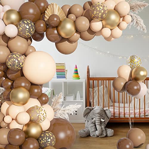 150PCS Brown Balloons Garland Arch Kit, Different Size Brown Nude Boho Blush Tan Neutral Beige Gold Balloons for Woodland Tedy Bear Baby Shower Wedding Jungle Safari Birthday Party Decorations
