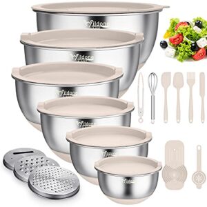 wildone mixing bowls with airtight lids, 22 pcs stainless steel mixing bowls set, 3 grater attachments, measurement marks & non-slip bottom, size 5, 4, 3, 2,1.5, 0.63qt, ideal for mixing & prepping