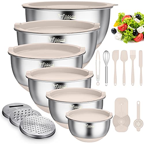 Wildone Mixing Bowls with Airtight Lids, 22 PCS Stainless Steel Mixing Bowls Set, 3 Grater Attachments, Measurement Marks & Non-Slip Bottom, Size 5, 4, 3, 2,1.5, 0.63QT, Ideal for Mixing & Prepping