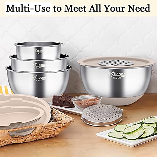 Wildone Mixing Bowls with Airtight Lids, 22 PCS Stainless Steel Mixing Bowls Set, 3 Grater Attachments, Measurement Marks & Non-Slip Bottom, Size 5, 4, 3, 2,1.5, 0.63QT, Ideal for Mixing & Prepping