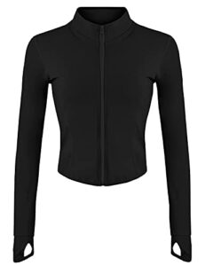 gacaky women's athletic jacket lightweight full zip up yoga jacket cropped workout slim fit tops with thumb holes black m