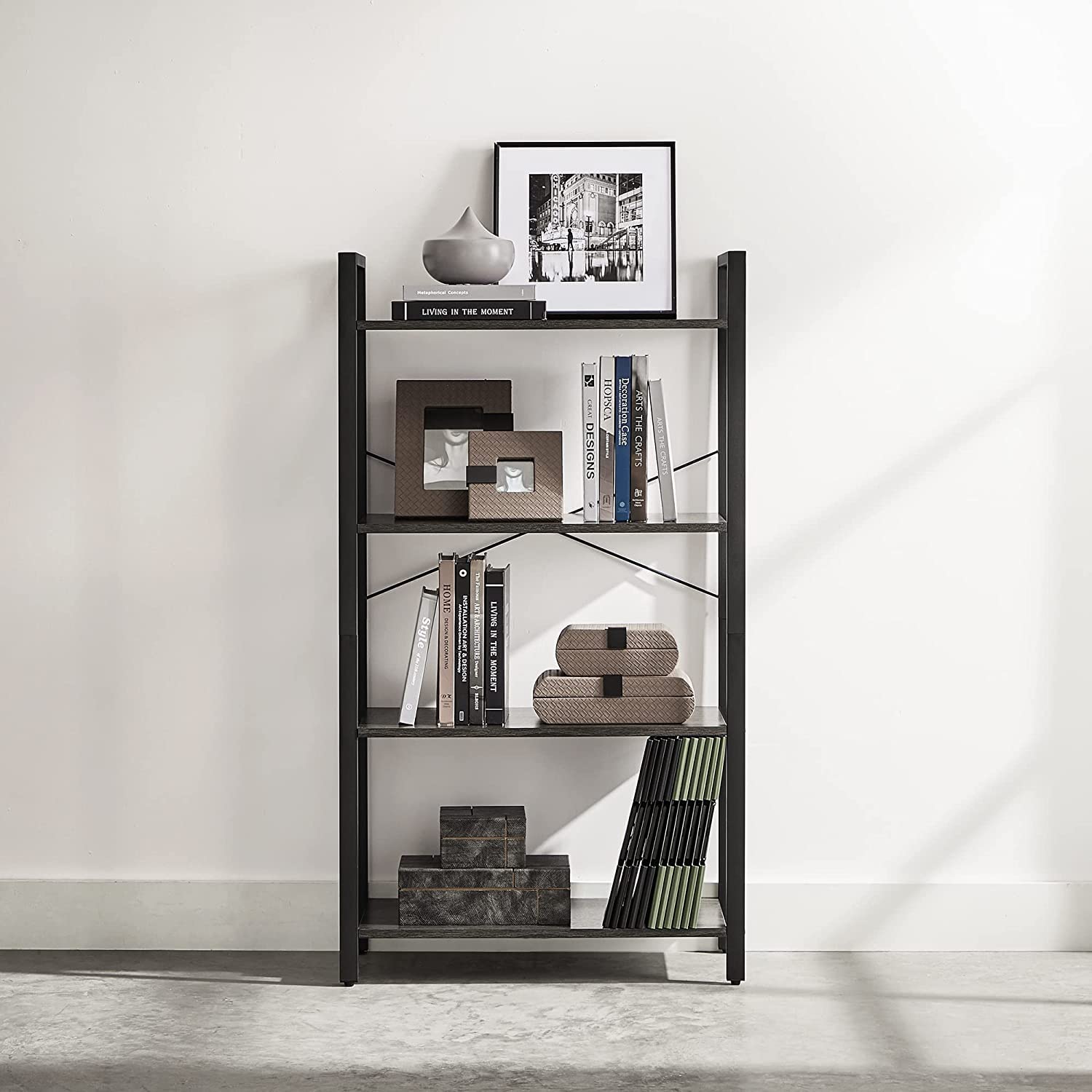 VASAGLE Bookshelf, 4-Tier Shelving Unit, Bookcase, Book Shelf, 11.8 x 25.9 x 47.2 Inches, for Home Office, Living Room, Charcoal Gray and Black ULLS060B04