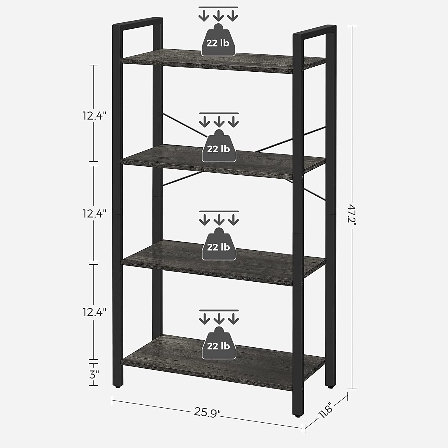 VASAGLE Bookshelf, 4-Tier Shelving Unit, Bookcase, Book Shelf, 11.8 x 25.9 x 47.2 Inches, for Home Office, Living Room, Charcoal Gray and Black ULLS060B04