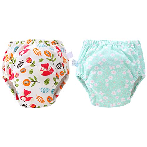 2pcs Breathable Cloth Bag Cotton Washable Nappy Leak Proof Cloth Diaper - Size S(1pc Green Flower, 1pc Fox)