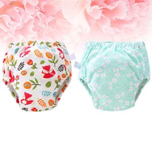 2pcs Breathable Cloth Bag Cotton Washable Nappy Leak Proof Cloth Diaper - Size S(1pc Green Flower, 1pc Fox)