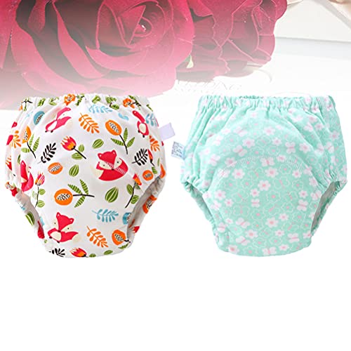 2pcs Breathable Cloth Bag Cotton Washable Nappy Leak Proof Cloth Diaper - Size S(1pc Green Flower, 1pc Fox)