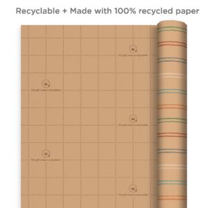 Hallmark Recyclable Wrapping Paper with Cutlines on Reverse (3 Rolls: 60 sq. ft. ttl) Rainbow Stripes, Celebrate, Stars on Kraft Brown for Birthdays, Graduations, Kids Parties