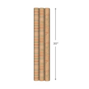 Hallmark Recyclable Wrapping Paper with Cutlines on Reverse (3 Rolls: 60 sq. ft. ttl) Rainbow Stripes, Celebrate, Stars on Kraft Brown for Birthdays, Graduations, Kids Parties