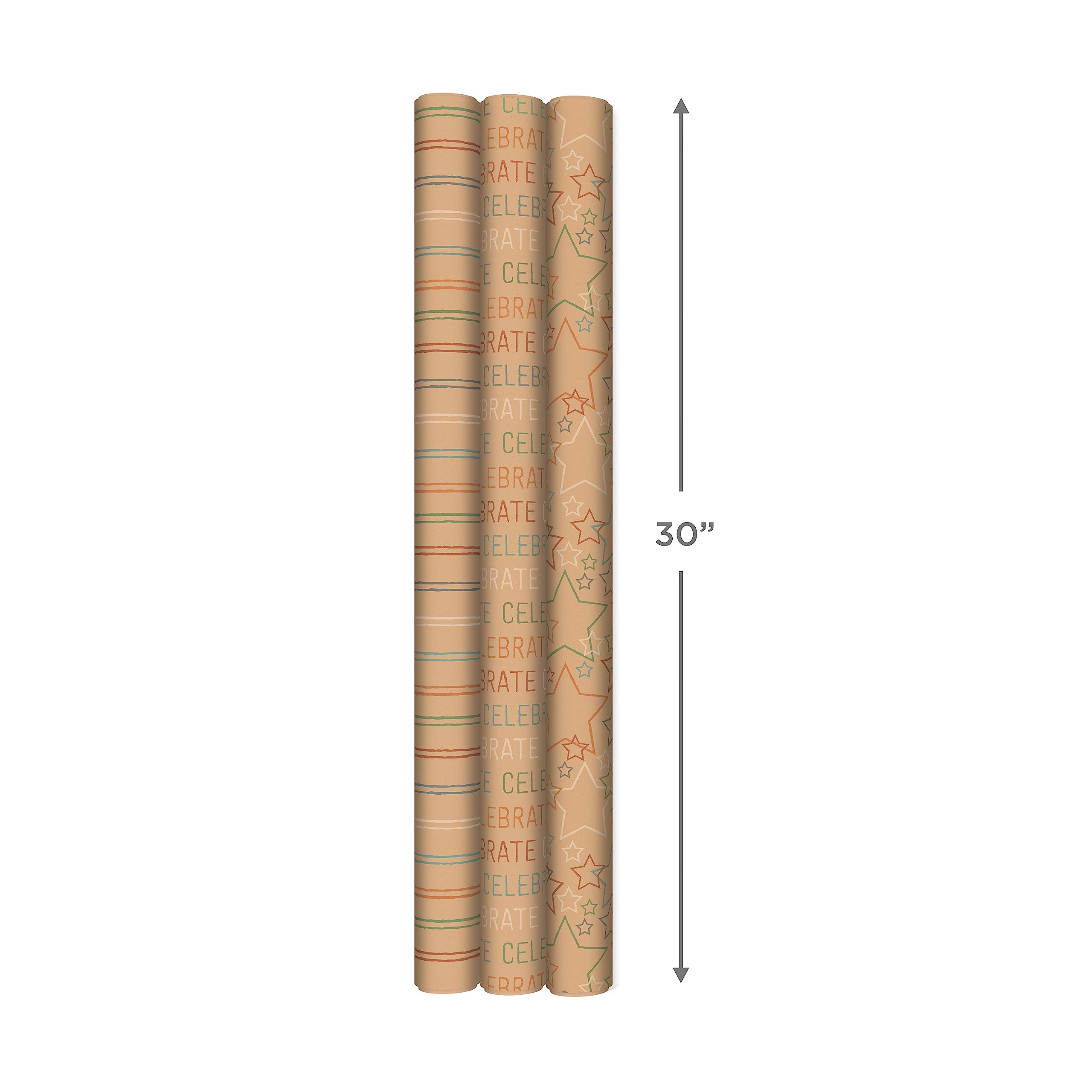Hallmark Recyclable Wrapping Paper with Cutlines on Reverse (3 Rolls: 60 sq. ft. ttl) Rainbow Stripes, Celebrate, Stars on Kraft Brown for Birthdays, Graduations, Kids Parties