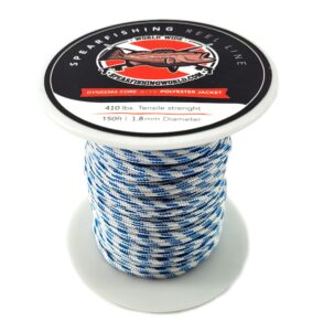 spearfishing world speargun reel or shooting line 1.8 mm white with blue tracer – dyneema cored – 410 lbs strength – 150 ft spool