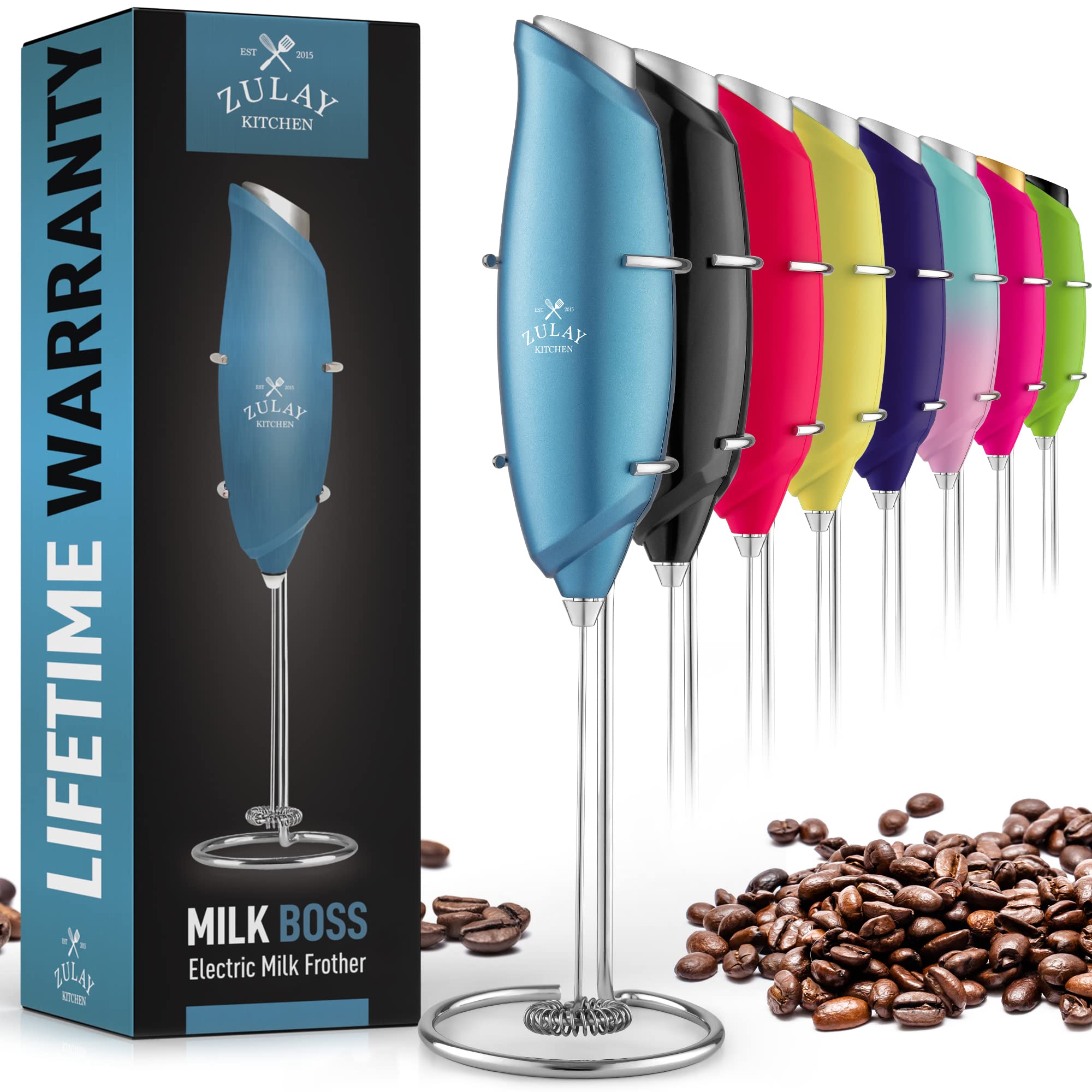 Zulay Kitchen Premium One-Touch Milk Frother for Coffee - Easy-Use Frother Handheld Foam Maker - Electric Whisk Drink Mixer for Cappuccino, Frappe, Matcha and Hot Chocolate (Metallic Ice Blue)