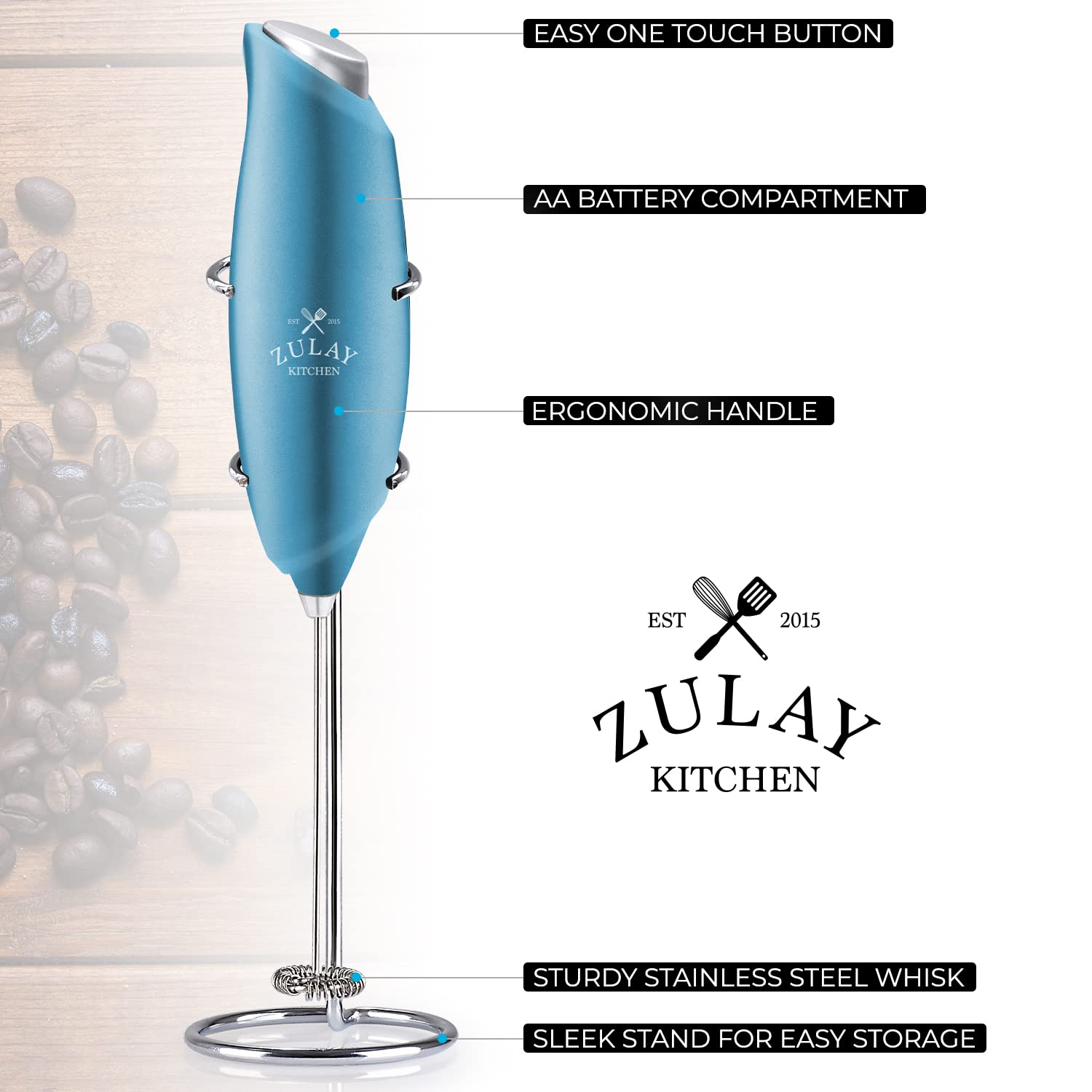 Zulay Kitchen Premium One-Touch Milk Frother for Coffee - Easy-Use Frother Handheld Foam Maker - Electric Whisk Drink Mixer for Cappuccino, Frappe, Matcha and Hot Chocolate (Metallic Ice Blue)