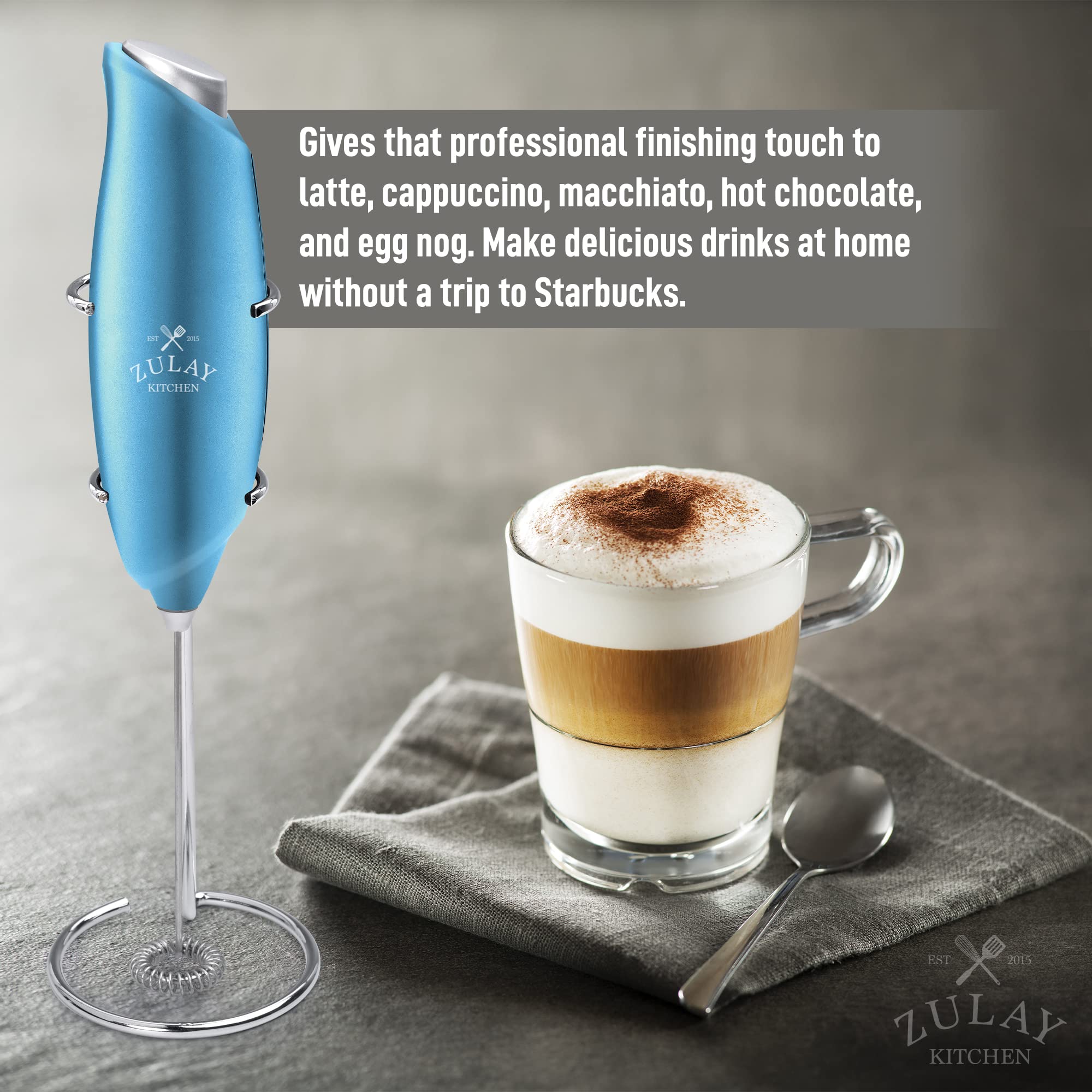 Zulay Kitchen Premium One-Touch Milk Frother for Coffee - Easy-Use Frother Handheld Foam Maker - Electric Whisk Drink Mixer for Cappuccino, Frappe, Matcha and Hot Chocolate (Metallic Ice Blue)