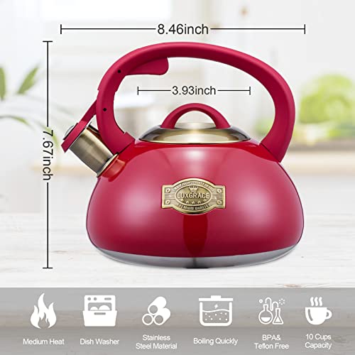 Whistling Tea Kettle Stainless Steel Teapot, Teakettle for Stovetop Induction Stove Top, Fast Boiling Heat Water Tea Pot 2.5 Quart(Red)