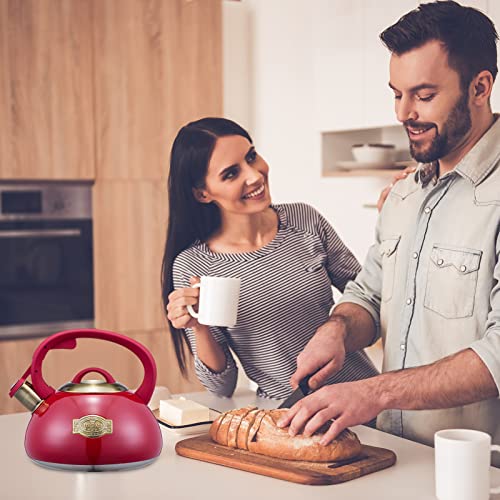 Whistling Tea Kettle Stainless Steel Teapot, Teakettle for Stovetop Induction Stove Top, Fast Boiling Heat Water Tea Pot 2.5 Quart(Red)