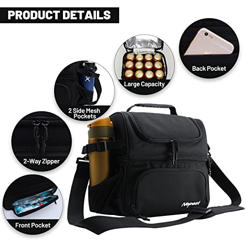 Nepest Insulated Lunch Box for Adult Men Women Heavy Duty 2 Compartment Black Thermal Lunch Bags Leakproof Reusable Lunchbox Cooler Tote Bag for Work Picnic Office Beach