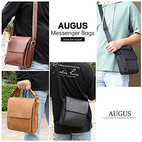 Augus Leather Messenger Shoulder Crossbody Bag for Men Work Business Vintage Magnetic Buckle Big Capacity Adjustable straps (Black)