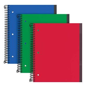 oxford spiral notebook 3 pack, 3 subject, wide rule, durable plastic covers, strong coil, 3 pockets, 8.5 x 11, 150 sheets, red, green, blue (89804)
