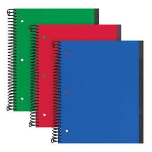 oxford spiral notebook 3 pack, 3 subject, college rule, durable plastic covers, strong coil, 3 pockets, 8.5 x 11, 150 sheets, blue, red, green (89803)