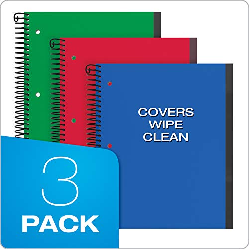 Oxford Spiral Notebook 3 Pack, 3 Subject, College Rule, Durable Plastic Covers, Strong Coil, 3 Pockets, 8.5 x 11, 150 Sheets, Blue, Red, Green (89803)