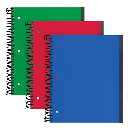 Oxford Spiral Notebook 3 Pack, 1 Subject, College Rule, Durable Plastic Covers, Strong Coil, 1 Pocket, 8.5 x 11, 100 Sheets, Blue, Red, Green (89801)