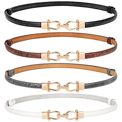 WHIPPY 4 Pack Women Skinny Leather Belt Adjustable Fashion Dress Belt Thin Waist Belts for Ladies Girls(Black Brown White Gray)