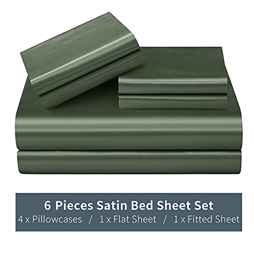 P Pothuiny 6-Piece Queen Satin Sheets Luxury Woodland Green Satin Bedding Sheet Set, 1 Deep Pocket Fitted Sheet + 1 Flat Sheet + 4 Pillow Cases