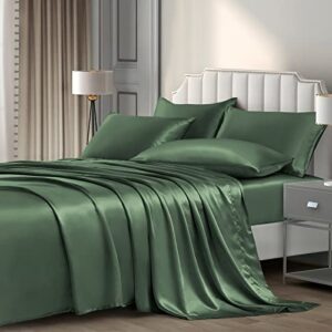 p pothuiny 6-piece queen satin sheets luxury woodland green satin bedding sheet set, 1 deep pocket fitted sheet + 1 flat sheet + 4 pillow cases