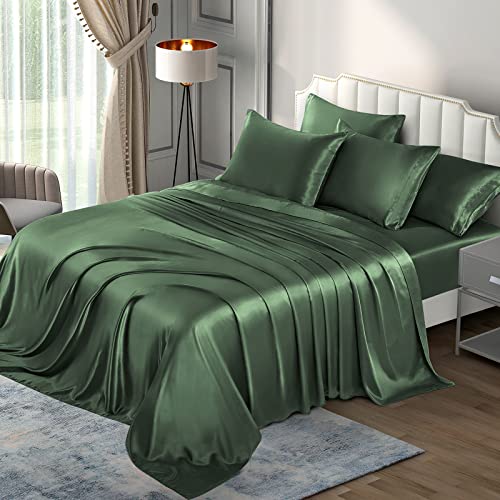 P Pothuiny 6-Piece Queen Satin Sheets Luxury Woodland Green Satin Bedding Sheet Set, 1 Deep Pocket Fitted Sheet + 1 Flat Sheet + 4 Pillow Cases