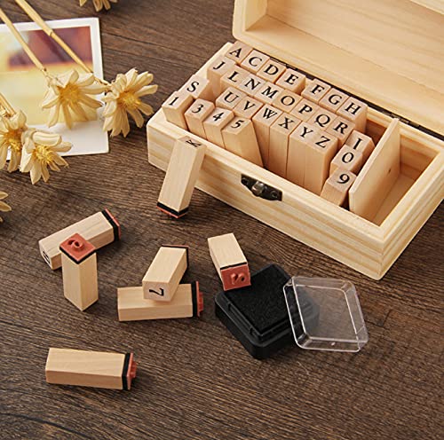 Wooden Rubber Stamps Kit, 36pcs Vintage Wooden Rubber Alphabet Letter Number Stamps Set, Craft Ink Stamp Stamper Seal Set with Wooden Storage Box - for Card Making, DIY Planner, Scrapbooking