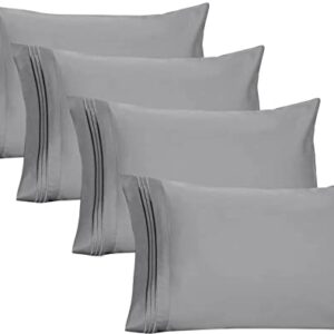 YIYEA Embroidered Pillow Cases Queen Size Set of 4, 1800 Thread Egyptian Quality Brushed Microfiber Bed Pillowcases with Envelope Closure, Wrinkle, Fade and Stain Resistant (20"x30", Grey)