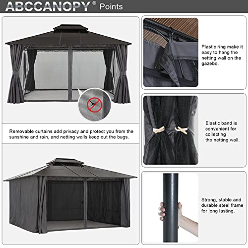 10x12 Double Roof Hardtop Patio Gazebo with Curtains and Netting by ABCCANOPY