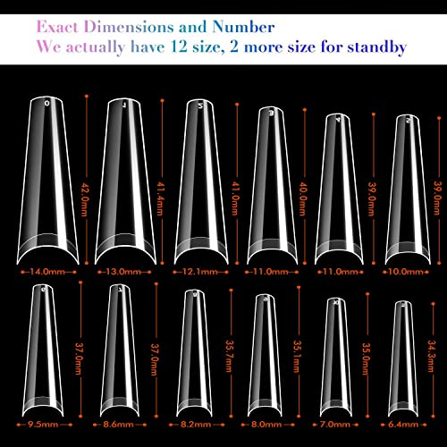 UNA GELLA Fake False Coffin Nails Tips No C Curve 216PCS Extra Long Acrylic Nail Tips For Nail Art / Extension, Home DIY Salon 12 Sizes Gelly Tips, Clear, XXL