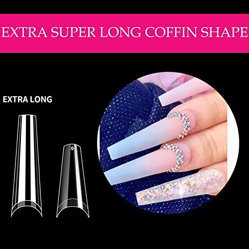 UNA GELLA Fake False Coffin Nails Tips No C Curve 216PCS Extra Long Acrylic Nail Tips For Nail Art / Extension, Home DIY Salon 12 Sizes Gelly Tips, Clear, XXL