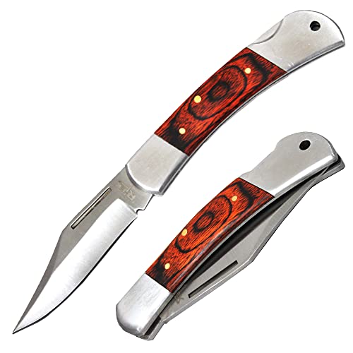 Rtek 3.75" Spanish Brown Wood Handle Pocket Knife, Lockback Traditional Folding Knife for Outdoor, Survival, EDC, Camping, and Every Day Carry, Gifts for Men