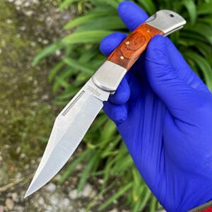 Rtek 3.75" Spanish Brown Wood Handle Pocket Knife, Lockback Traditional Folding Knife for Outdoor, Survival, EDC, Camping, and Every Day Carry, Gifts for Men